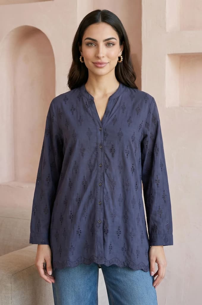 Navy Blue Schiffli Pure Cotton Straight Shirt — photo 6