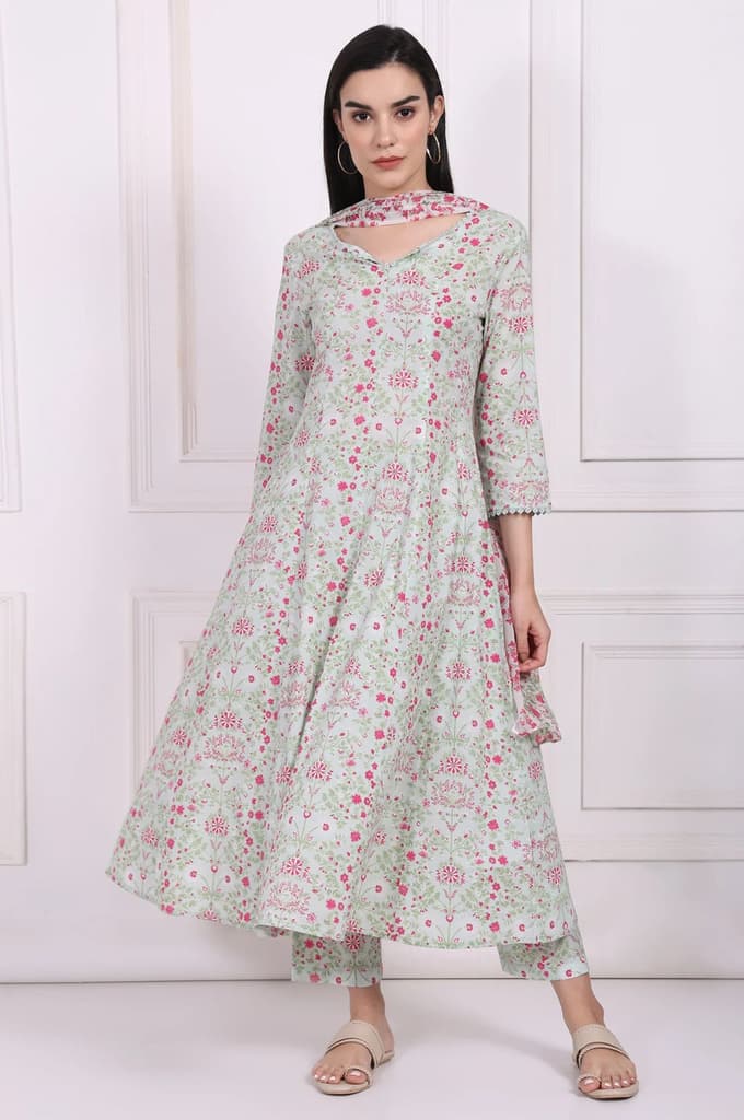 Light Green Floral Printed Lace Trim Anarkali Cotton Kurta with Straight Pant and Dupatta Set — photo 2