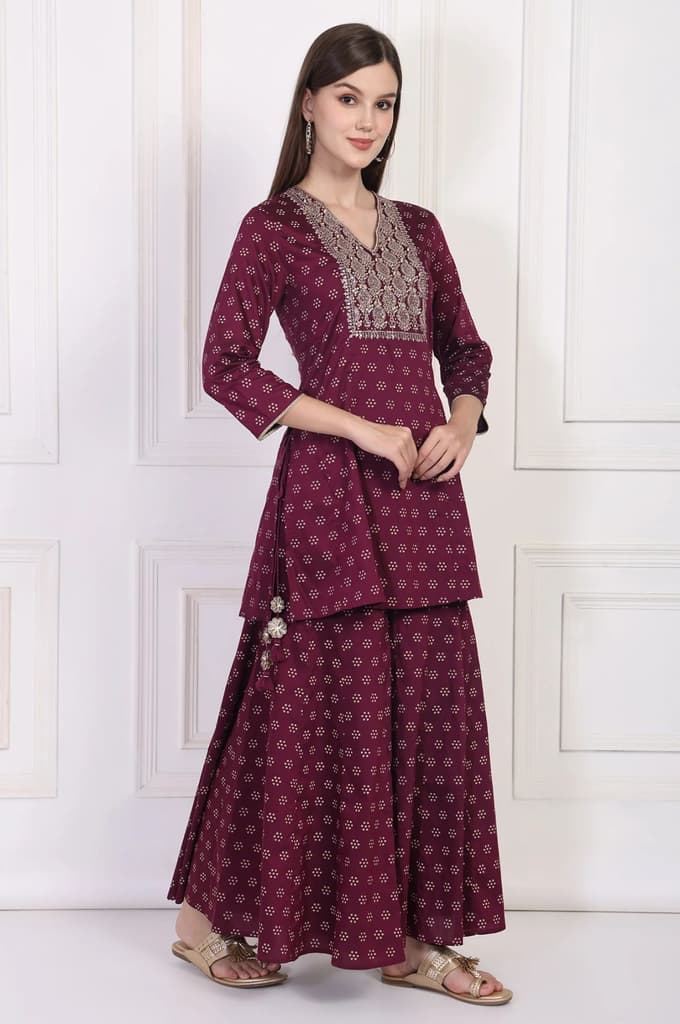 Maroon Embroidered A-Line Rayon Kurta with Sharara and Dupatta Set — photo 7