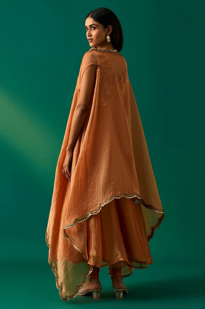 Orange Embroidered Flared Net Dress with Churidar and Cape Set — photo 3