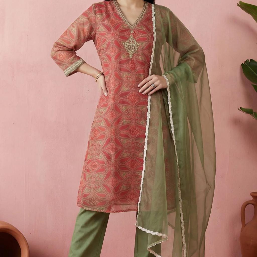 Red Sequins Paisley Printed Organza Straight Kurta With Straight Pants And Dupatta Set
