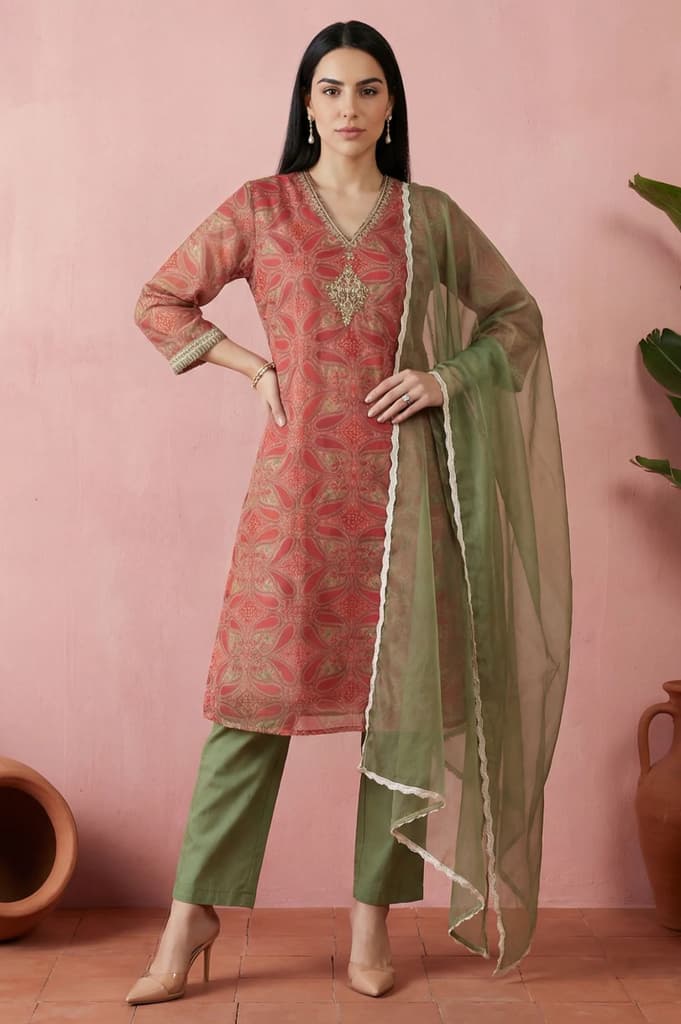 Red Sequins Paisley Printed Organza Straight Kurta With Straight Pants And Dupatta Set — XS