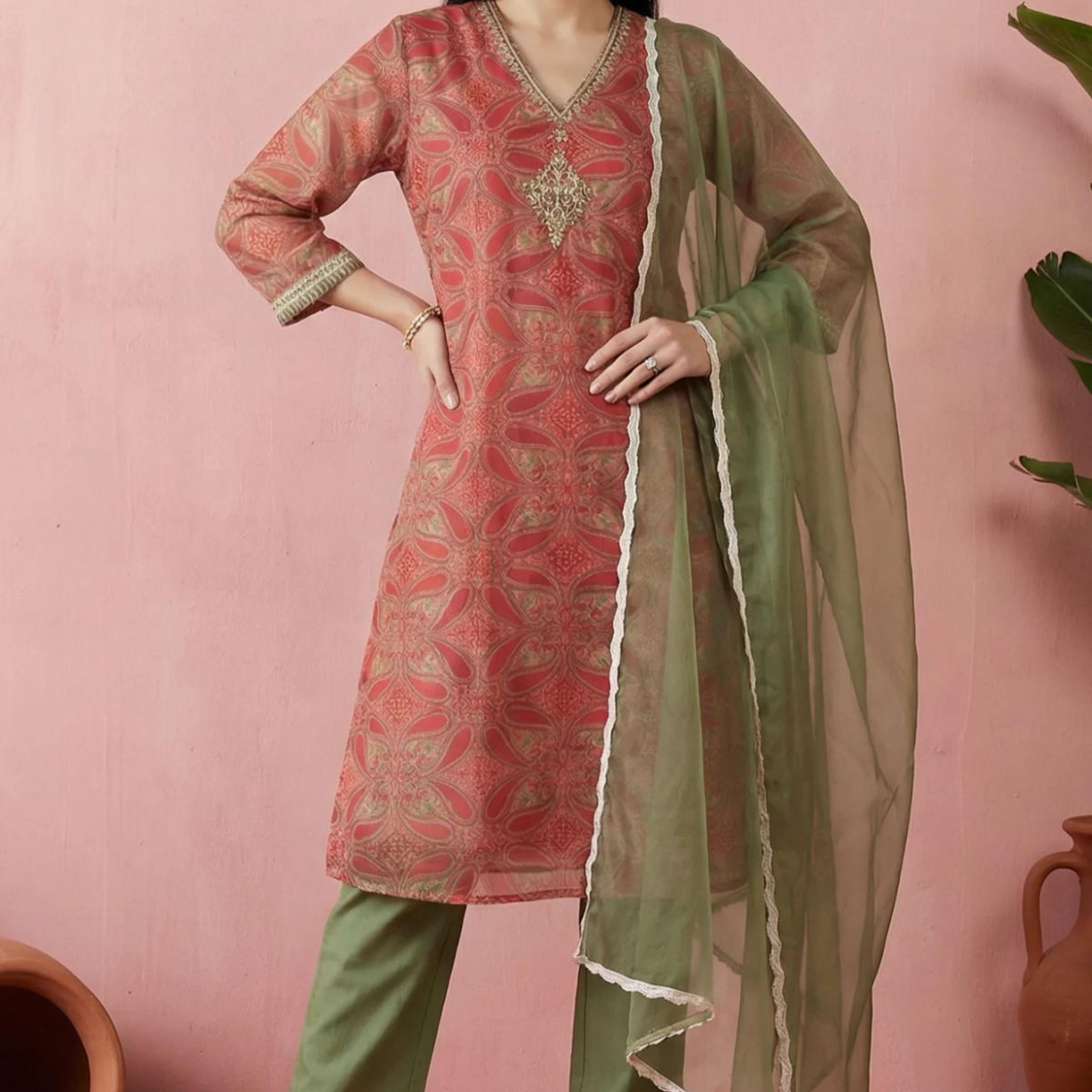 Red Sequins Paisley Printed Organza Straight Kurta With Straight Pants And Dupatta Set
