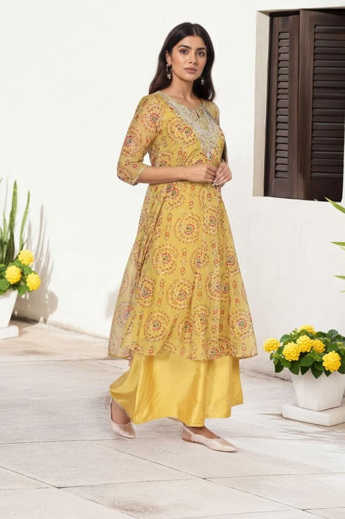 Yellow Embroidered Anarkali Organza Kurta with Flared Pant and Dupatta Set — photo 4