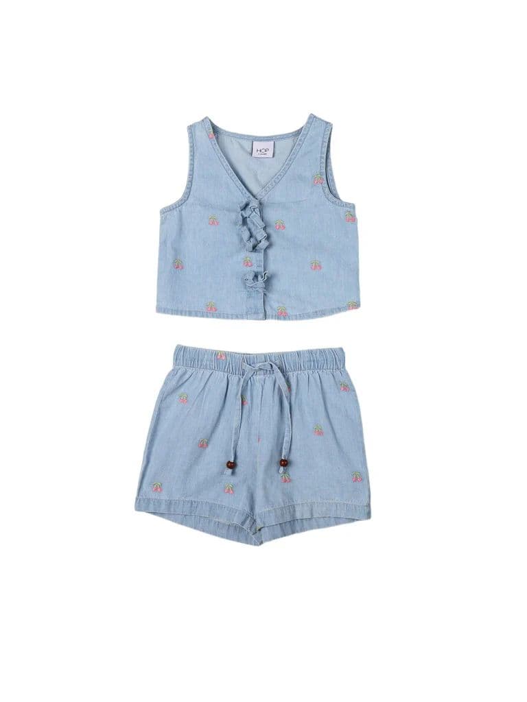 HOP Kids Girls Light Blue Embroidered Denim Top and Shorts Set — photo 3