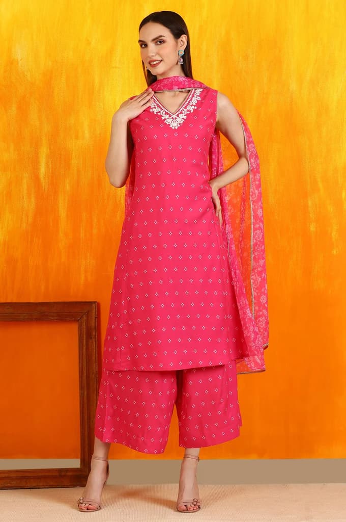 Pink Embroidered Shantung Sleeveless Kurta, Cropped Pants and Dupatta Set — photo 3
