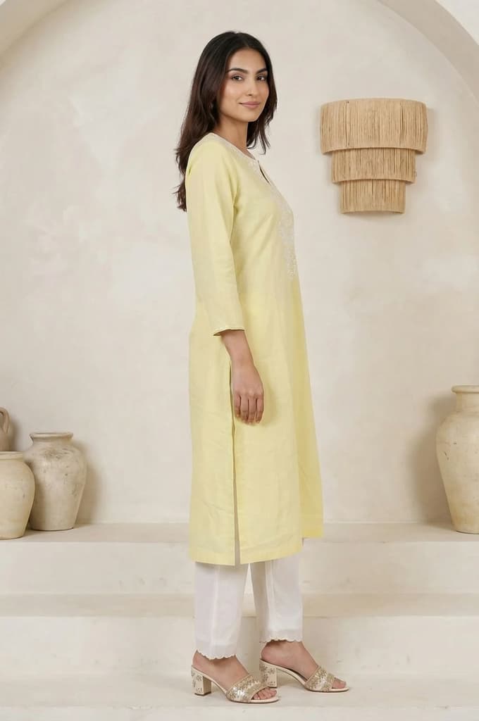 Yellow Chikankari Pure Cotton Straight Kurta — photo 3