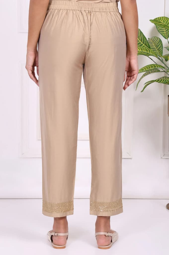 Beige Solid Embroidered Mid Rise Ankle Length Straight Pants — photo 4