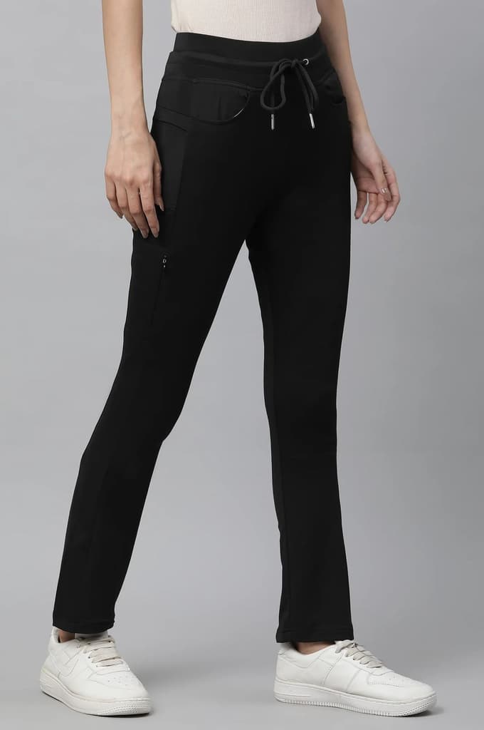 Black Solid Boot Cut Pants With Drawstring — photo 4