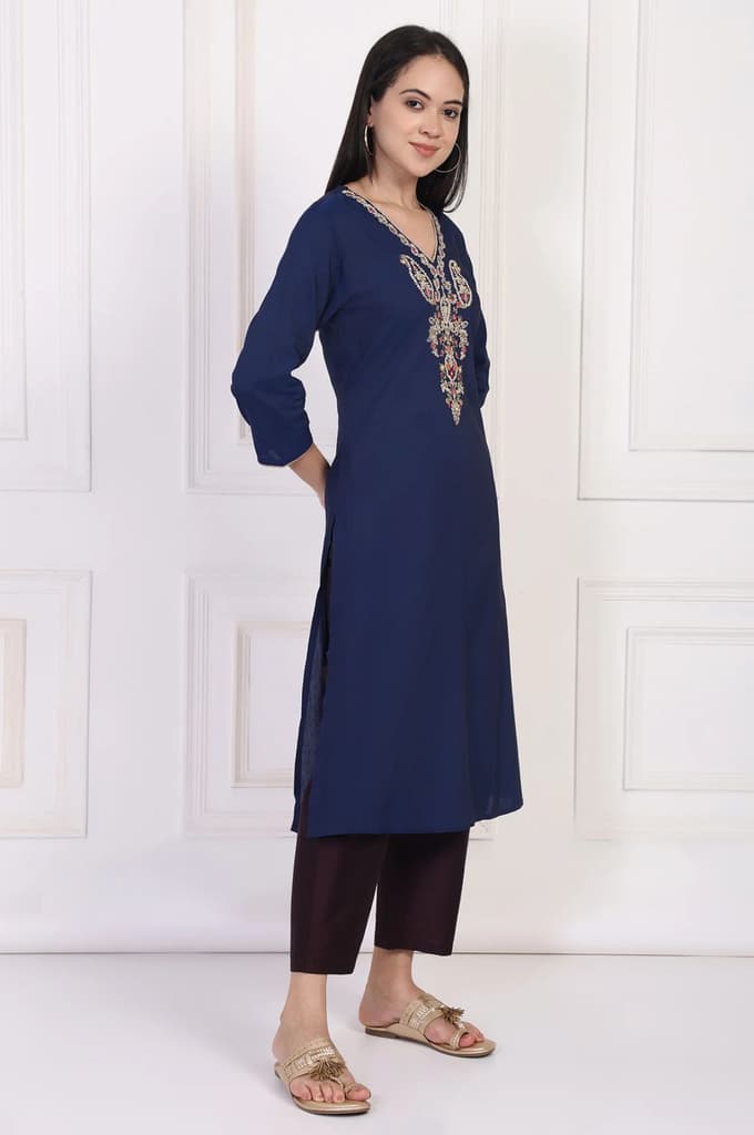 Navy Blue Embroidered A-Line Rayon Kurta — photo 6