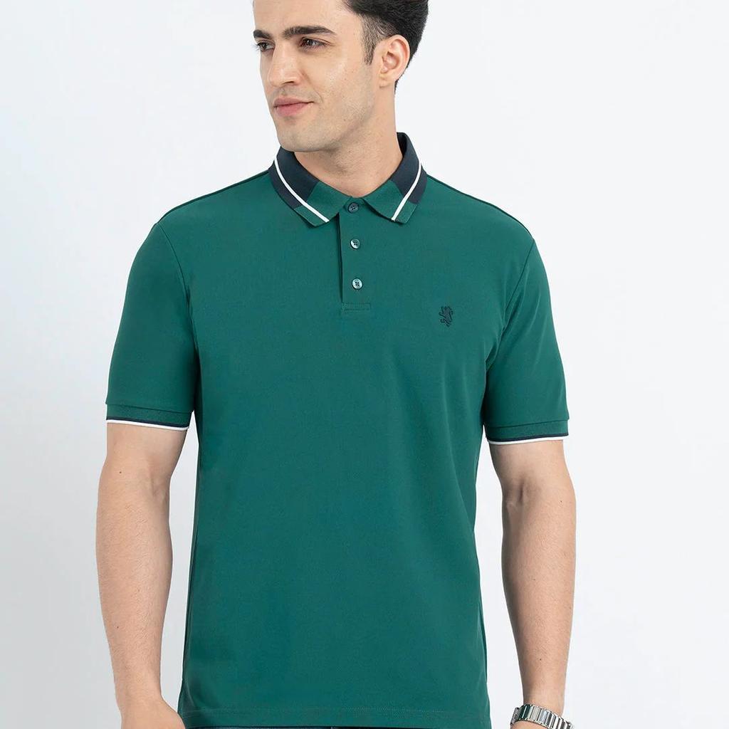 T Shirts for Men in Forest Green | Jacquard Collar Polo T Shirt
