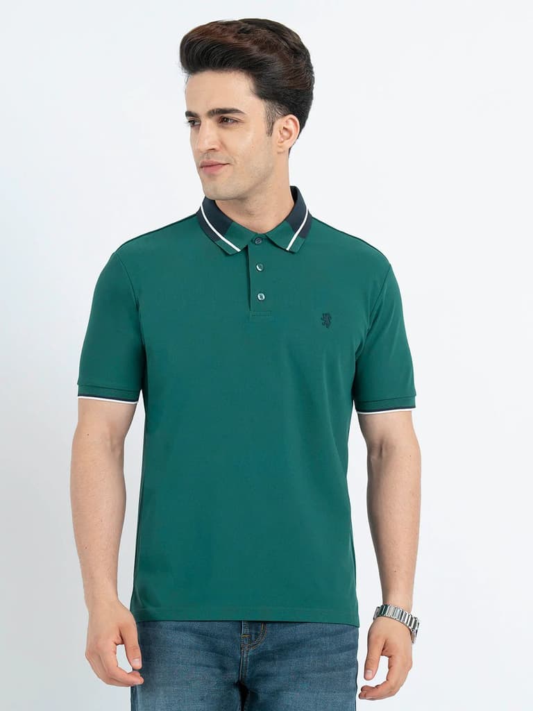 T Shirts for Men in Forest Green | Jacquard Collar Polo T Shirt