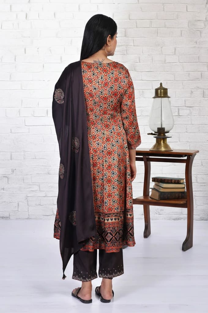 Beige Ethnic Motifs Printed Embellished Anarkali Satin Kurta with Straight Pant and Dupatta Set — photo 5