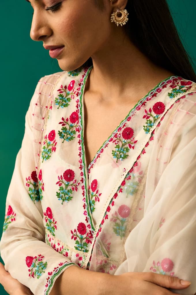 Off-White Floral Embroidered Anarkali Kurta with Straight Pant and Dupatta Set — photo 7