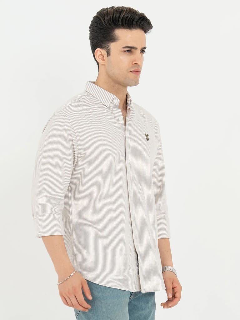 Shirts for Men in Tan | Striped Oxford Full Sleeve Casual Shirt — photo 6
