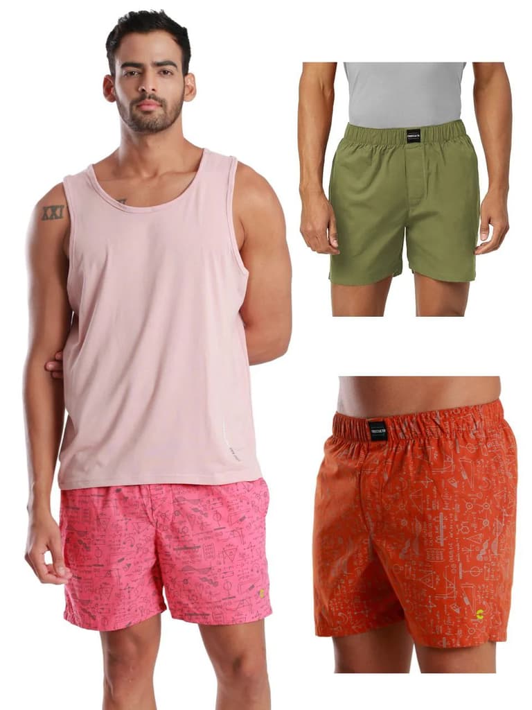 Men's All-Day Boxer Shorts Plain & Printed - (Pack of 3) — Pink; Absinthe Green; Orange / S / Men