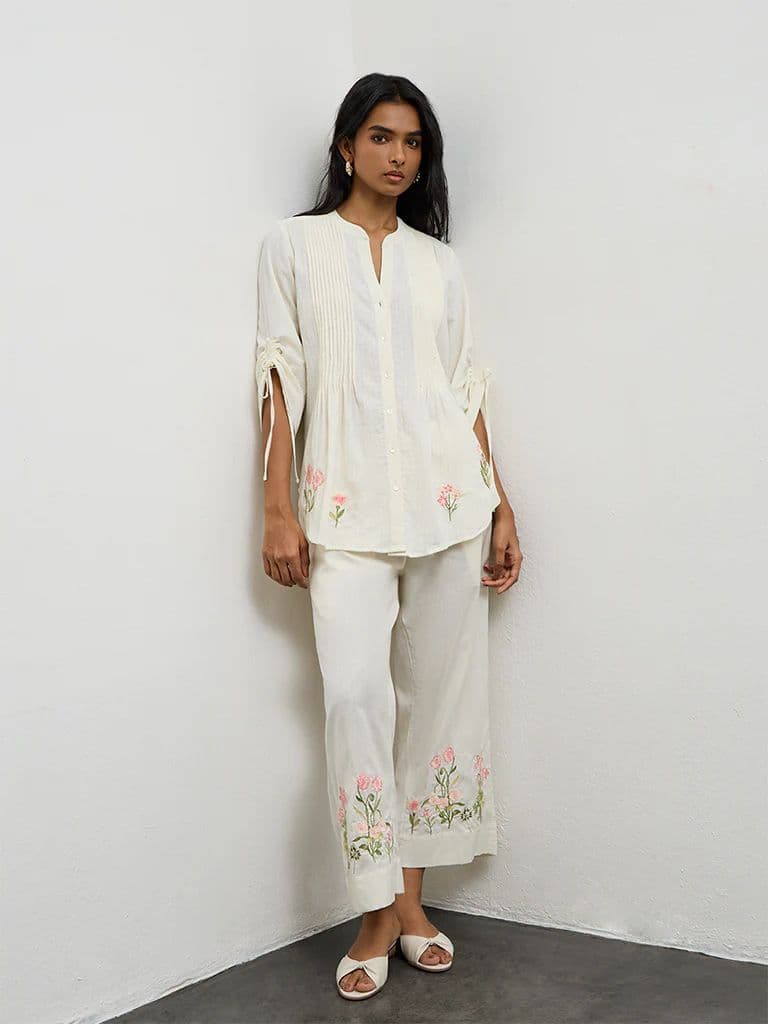 Utsa Off-White Floral Embroidered Cotton-Blend Pants — photo 2