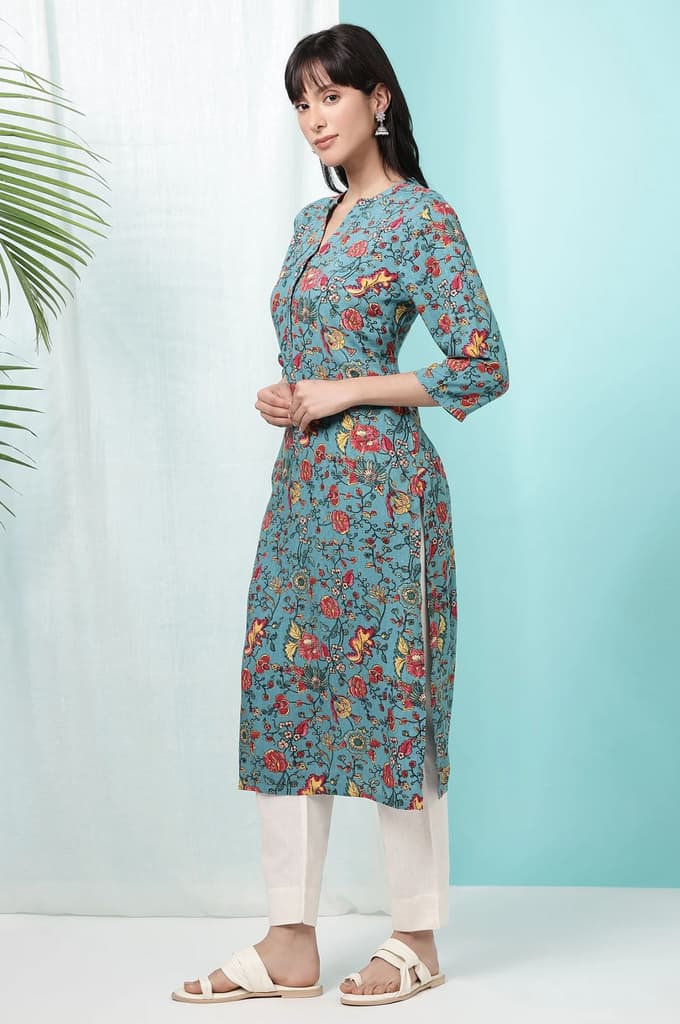 Teal Blue Floral Printed Straight Kurta — photo 5