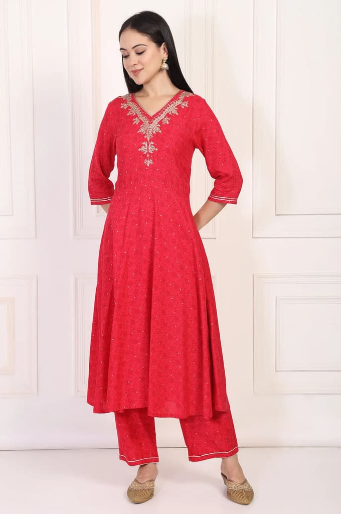 Red Embroidered A-Line Kurta and Straight Trouser Set — photo 2