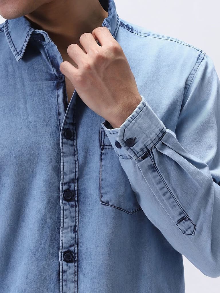 Men's Ice Blue Regular Fit Full Sleeve Washed Denim Shirt — photo 6