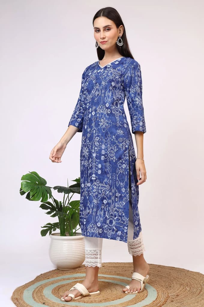 Navy Blue Printed Rayon Straight Kurta with Lace — photo 5