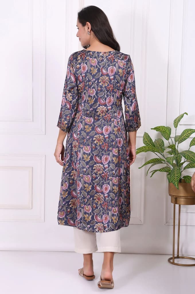 Navy Blue Floral Printed Beadwork Modal Satin A-line Kurta — photo 5