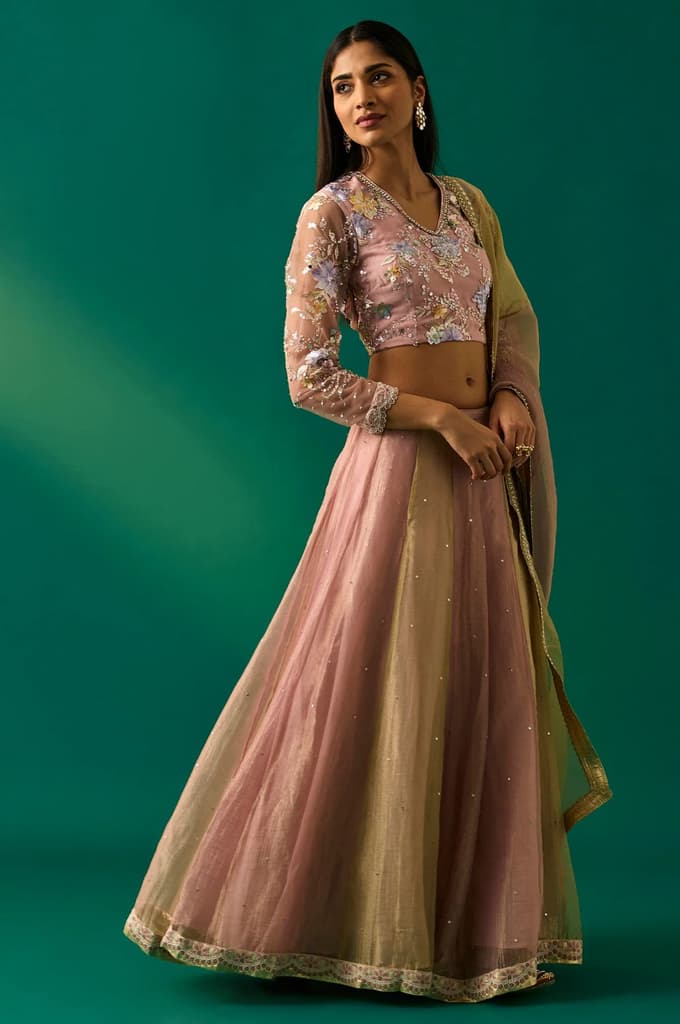 Pink Embroidered Tissue Blouse with Skirt and Dupatta Set — photo 5