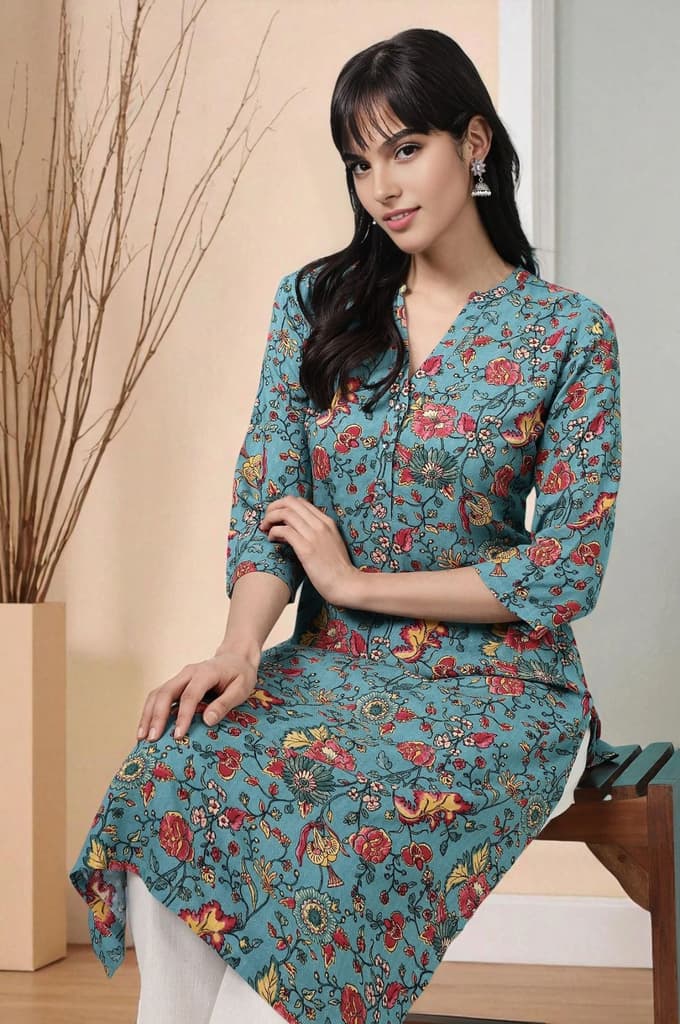 Teal Blue Floral Printed Straight Kurta — XS