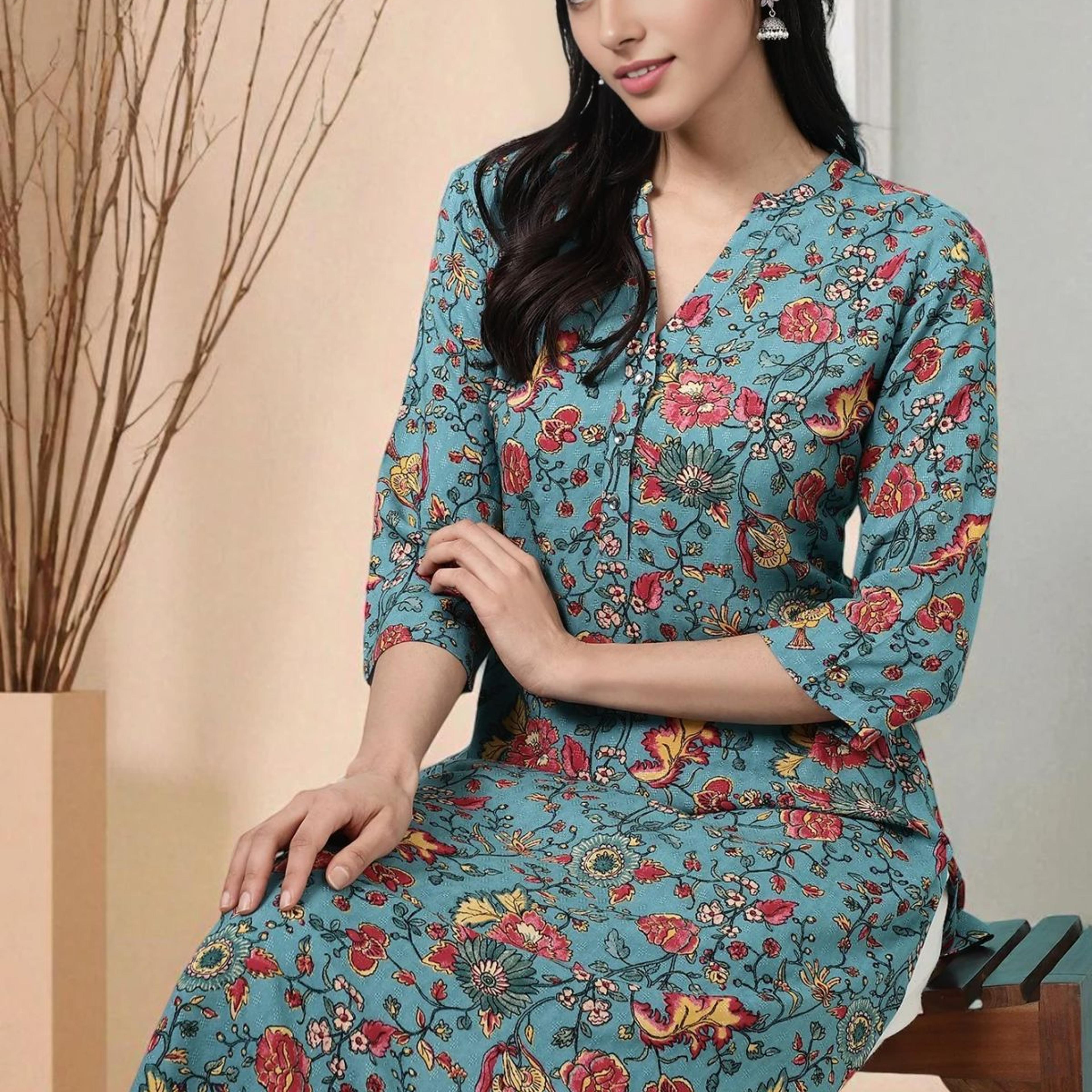 Teal Blue Floral Printed Straight Kurta