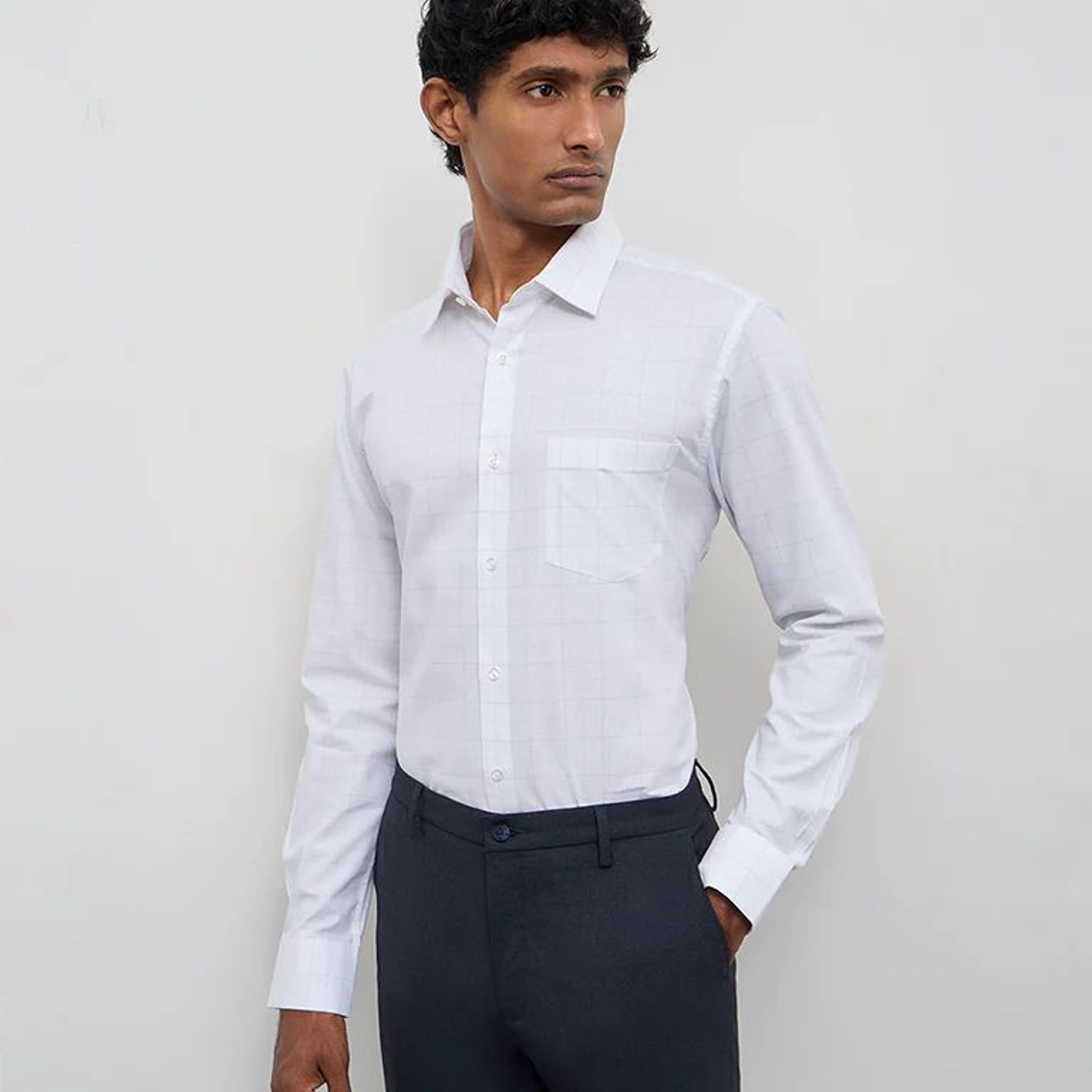 WES Formals Off-White Checkered Slim-Fit Cotton Shirt