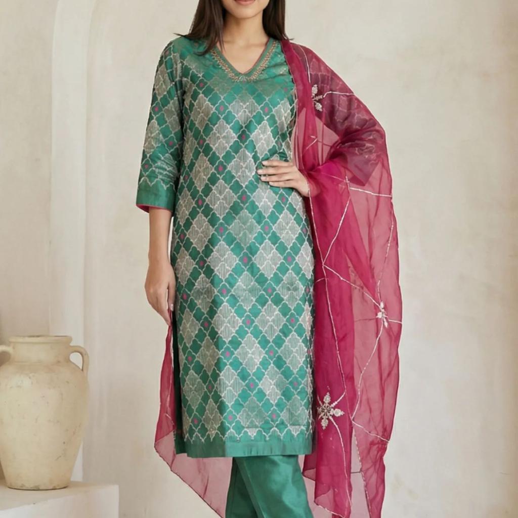 Green Geometric Printed Zari Work Jacquard Straight Kurta with Pants and Dupatta Set