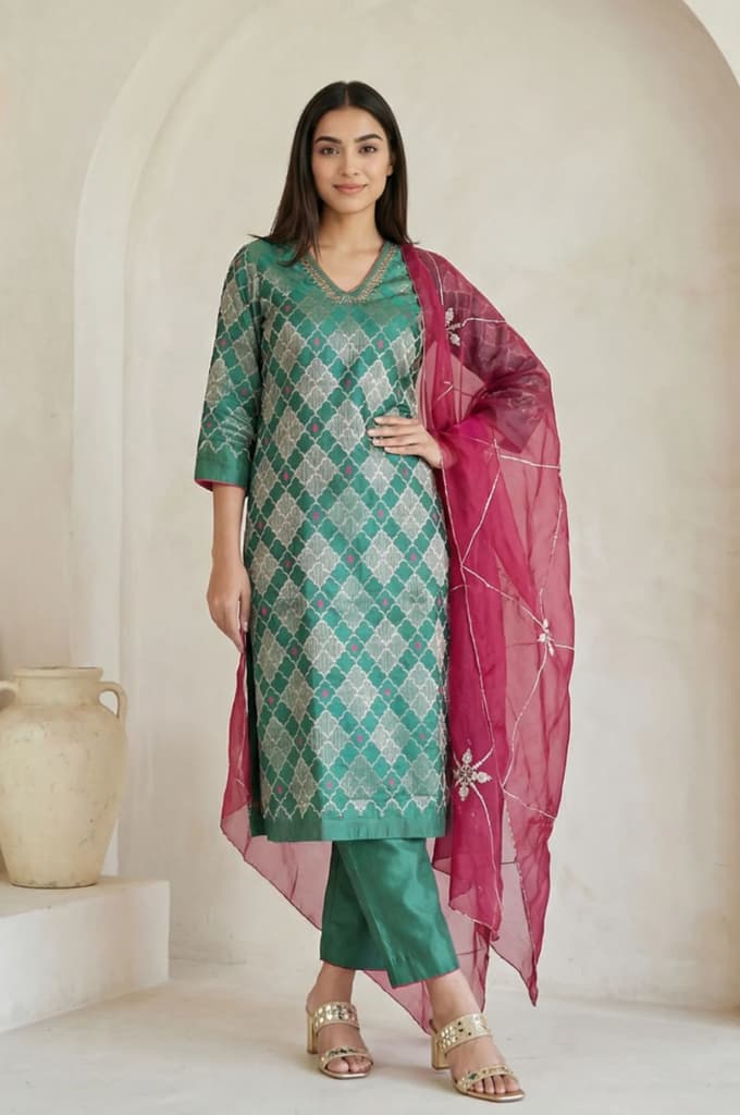 Green Geometric Printed Zari Work Jacquard Straight Kurta with Pants and Dupatta Set — XS