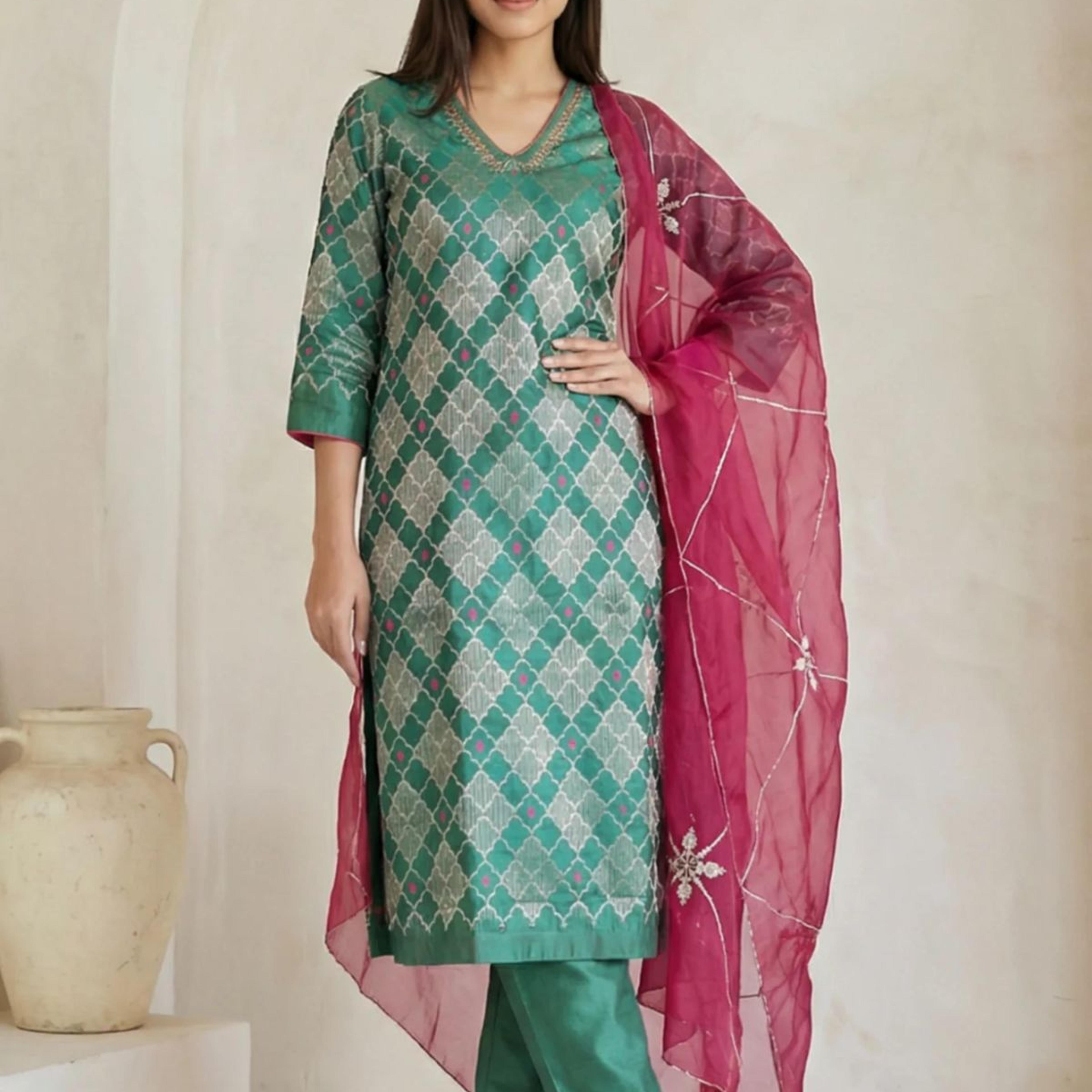 Green Geometric Printed Zari Work Jacquard Straight Kurta with Pants and Dupatta Set