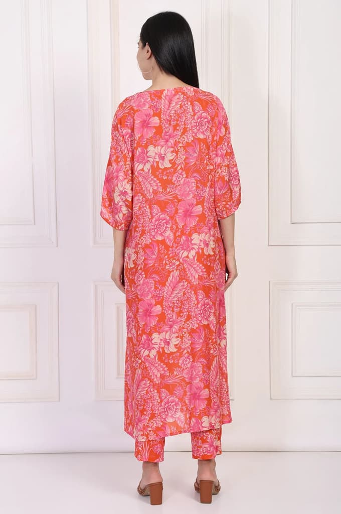 Orange Floral Printed Kaftan Modal Kurta with Pant — photo 5