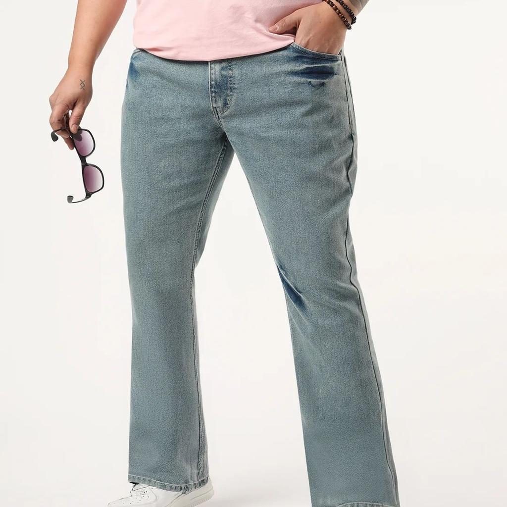Plus Men's Ice Blue Bootcut Fit Mid Rise Acid Wash Jeans Stretchable