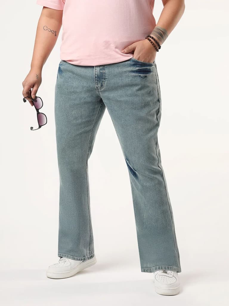 Plus Men's Ice Blue Bootcut Fit Mid Rise Acid Wash Jeans Stretchable — 36 / Ice Blue
