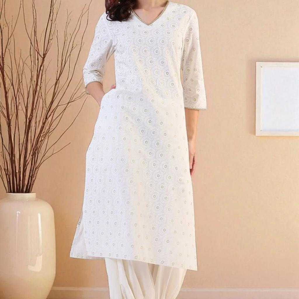 White Geometric Printed Metallic Hardware Straight Pure Cotton Kurta