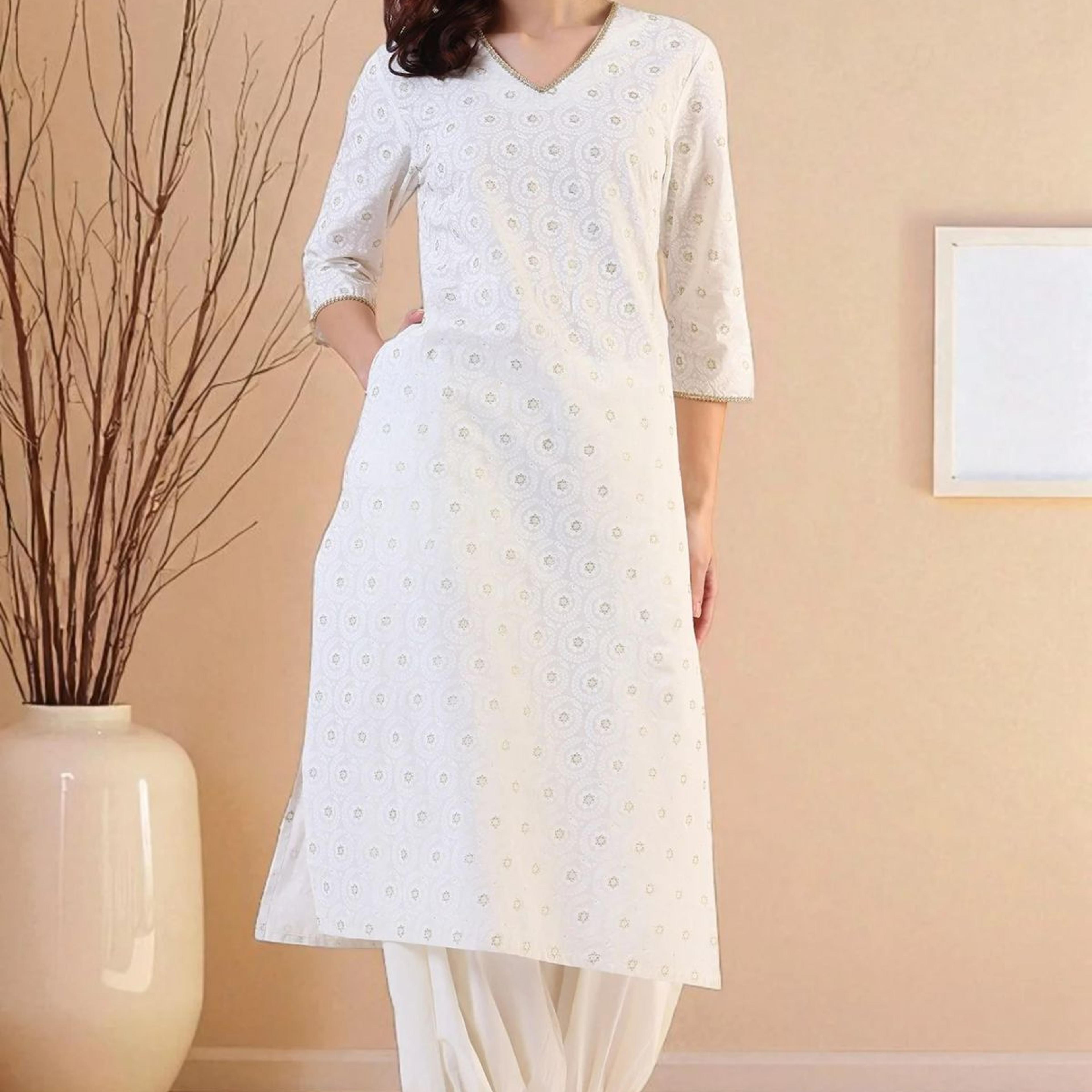 White Geometric Printed Metallic Hardware Straight Pure Cotton Kurta
