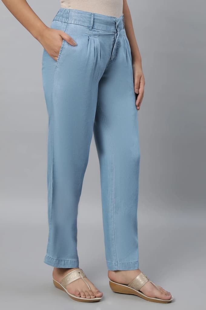 Light Blue Solid Straight Fit Denim Palazzo With Pleated Detail — photo 4