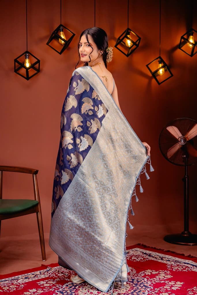 Mimosa Women's Woven Design Kanjivaram Style Art Silk Saree With Blouse Piece : SA00001735NVFREE — photo 7