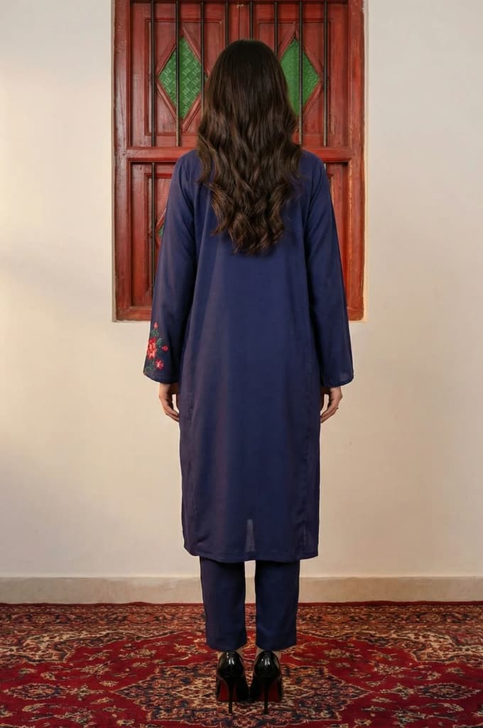 Navy Blue Thread Embroidered Straight Kurta with Pants Co-ord Set — photo 4