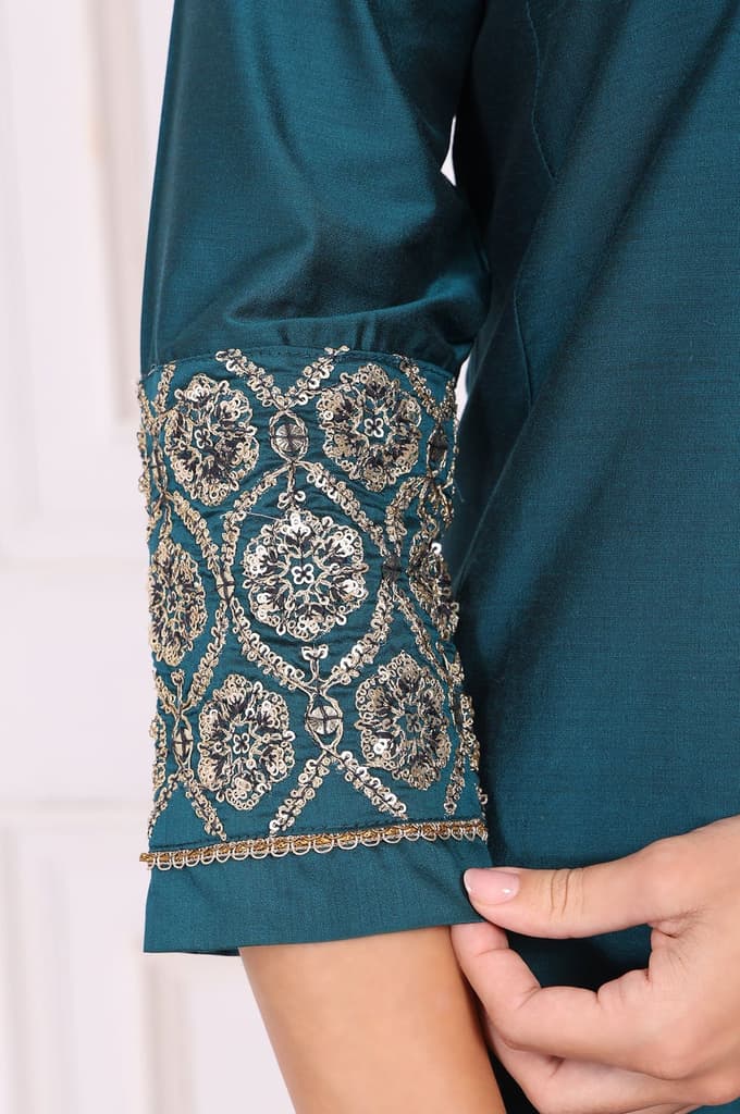 Teal Solid Embroidered Straight Kurta and Straight Pants Set — photo 8