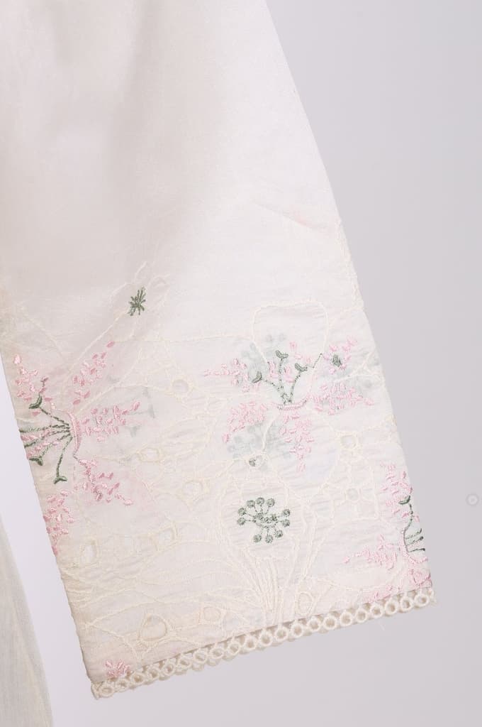 Off White Thread Embroidered Chanderi Straight Kurta with Straight Pants and Dupatta Set — photo 8