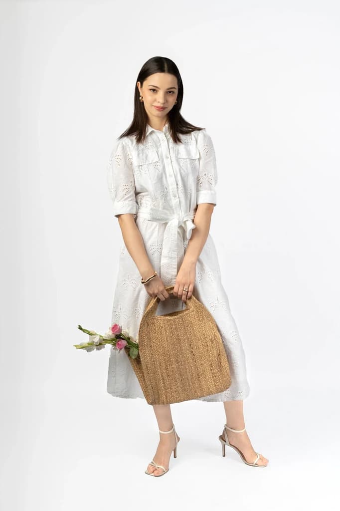 White Cotton Schiffly Midi Fit & Flare Dress — photo 7