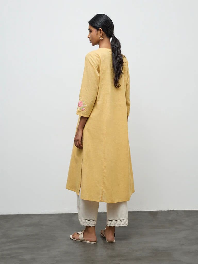 Utsa Mustard Floral Embroidered A-Line Cotton Kurta — photo 4