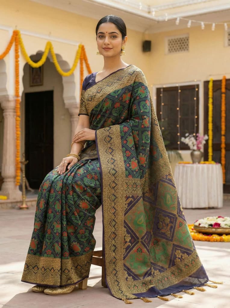 MIMOSA Women's Woven Design Paithani Style Raw Silk Saree with Blouse Piece - Navy ( SA00003128NVFREE ) — photo 3