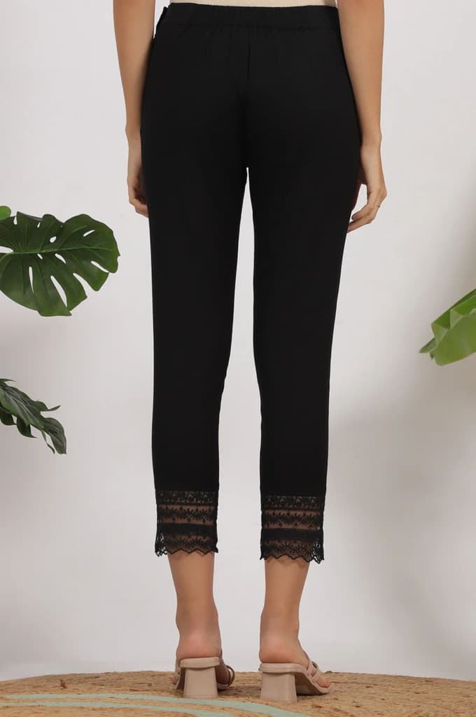 Black Solid Cotton Flax Slim Pants with Lace — photo 4