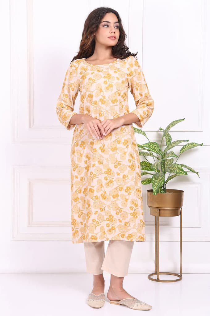 Yellow Floral Embroidered Straight Rayon Kurta and Straight Pant Set — XS