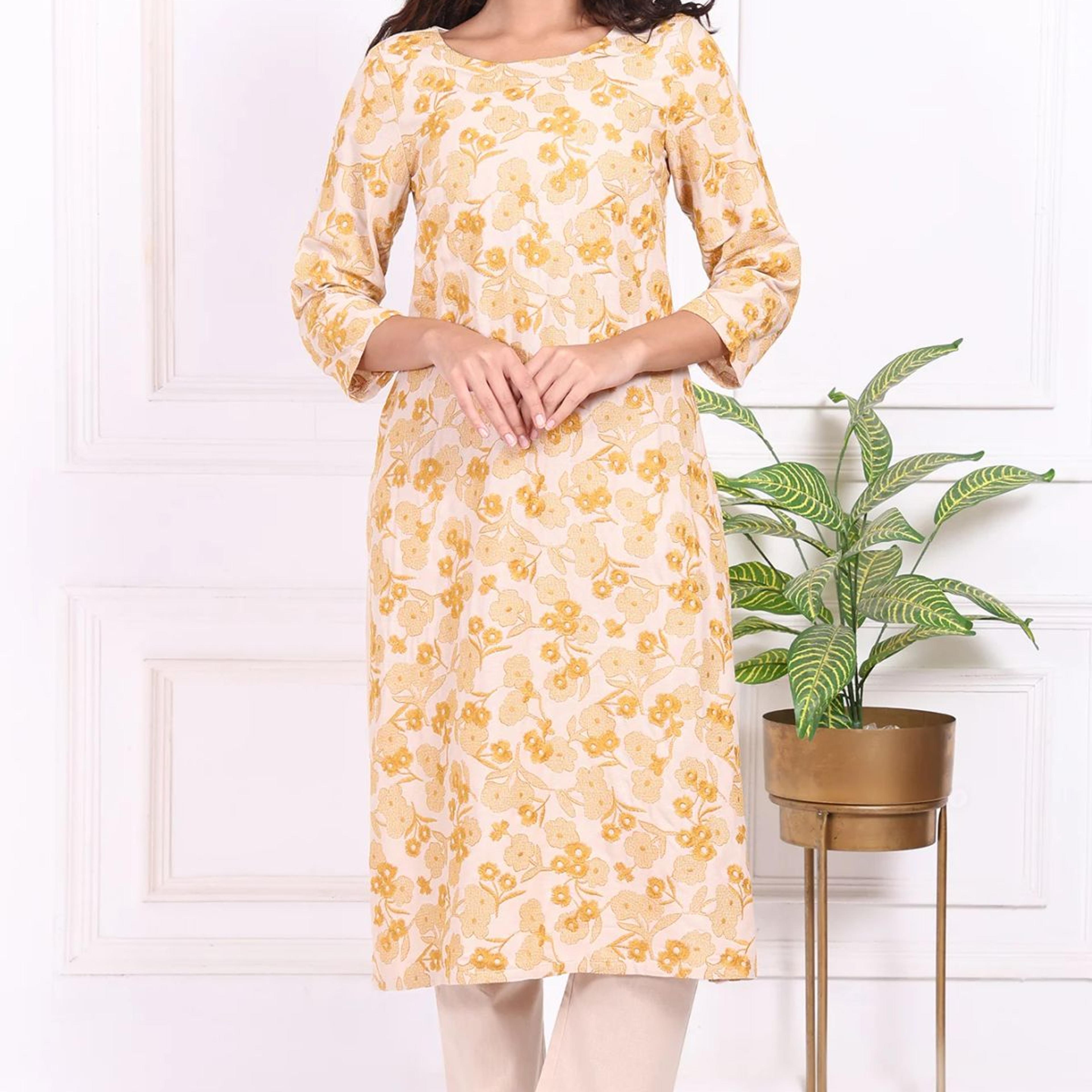 Yellow Floral Embroidered Straight Rayon Kurta and Straight Pant Set