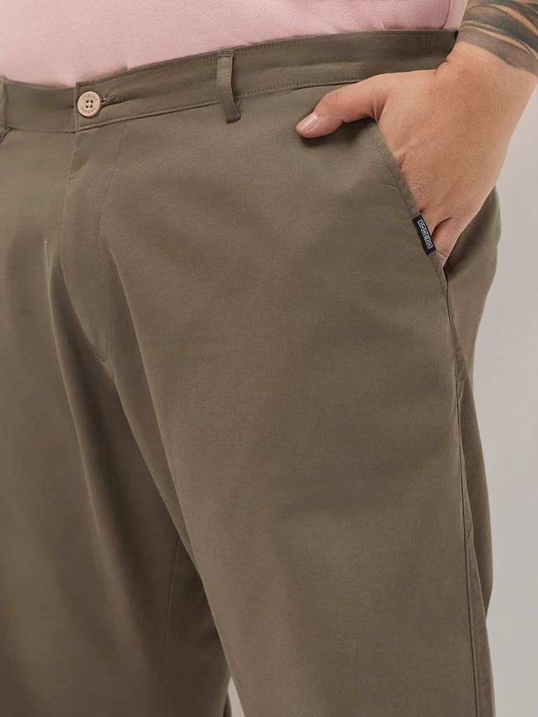 Plus Men's Dark Taupe Straight Fit Mid Rise Cotton Casual Chinos Trousers Stretch — photo 5